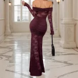 Off Shoulder Lace Trimmed Bodycon Dress Long Sleeve Ruffled Design Elegant Style Perfect for Aut
