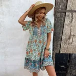 Bohemian Floral Print Maxi Dress V Neck Loose Fit Plus Size Casual Vacation Wear Wholesale Avail