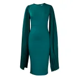 Elegant Womens Evening Dress Solid Color Round Neck Pleated Cape Perfect for Parties and Formal