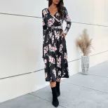 Floral Print Long Sleeve Dress V Neck Autumn Style Elegant Design Wholesale Womens Apparel low M