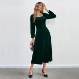 Velvet Long Sleeve Dress Sexy Split Design Waist Cinching Square Neck Puff Sleeves Evening Party