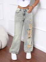 Womens Fashion Distressed Wide Leg Jeans Loose Fit Straight Cut Casual Style Perfect for Everyda