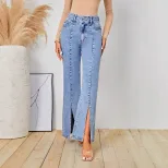 Womens Slim Fit High Slit Denim Pants Stylish Design Trendy Look Comfortable Fabric Perfect for