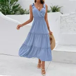 Summer Casual Dress Solid Color Ruffled Hem High Waist Sleeveless Beach Vacation Wear Wholesale