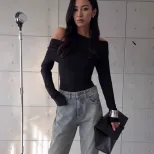 Slim Fit Long Sleeve Knit Top Solid Color Asymmetrical Neckline Versatile Style Spring Womens Fa