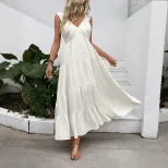 Sleeveless V Neck White Dress Simple Design Beach Vacation Style Lightweight Fabric Wholesale Av