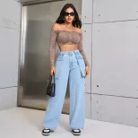 Wide Leg Denim Trousers Casual Style Large Pockets Comfortable Fit Womens Fashion for Everyday W