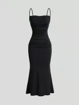 High Waist Bodycon Maxi Dress Adjustable Spaghetti Straps Tie Detail Mermaid Hem Spring Fashion