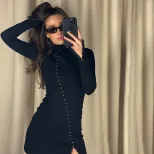 Elegant Womens Dress Slim Fit Long Sleeve Solid Color Hidden Button Design Perfect for Parties a