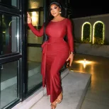 Bodycon Dress Slim Fit Waist Tie Round Neck Long Sleeve Solid Color Cocktail Party or Evening We