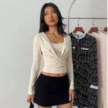Y2K Style Short Knit Top Slim Fit Flowy Neckline Long Sleeve Spring Summer Casual Wear Wholesale