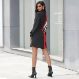 Color Block Long Sleeve Shirt Dress for Women in Black Casual Autumn Winter Style