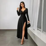 Vintage Deep V Neck Long Sleeve Black Maxi Dress Slim Fit Waist Defining Elegant Style Perfect f
