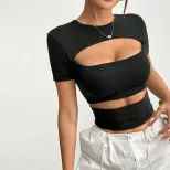 Summer Womens T Shirt Short Sleeve Hollow Out Y2K Style Solid Color Casual Wear for Everyday Use
