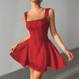 Red A Line Dress Fitted Square Neck Backless Short Hem Spring Summer Fashion Wholesale Available