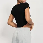 Slim Fit Short Sleeve Knitted T Shirt Square Neck Irregular Hem Casual Style Summer Womens Activ