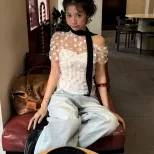 Spring Womens Fashion Sexy Off Shoulder Sheer Mesh Top Halter Neck Tank Set Casual Chic Style Wh