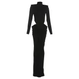 High Neck Long Sleeve Dress Solid Color Ruffled Design Hollow Out Elegant Style Perfect for Autu