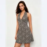 Leopard Print Halter Dress for Women Lace Trim V Neck Slim Fit A Line Summer Casual Wear Wholesale Available
