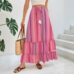 Bohemian Striped Print Skirt Summer Vacation Style Drawstring Tassel Details Lightweight Fabric
