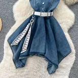 Sleeveless Summer Dress for Women Blue Ruffled Cake Style Casual Vacation Wear