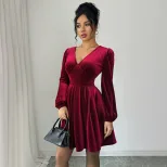 Vintage Style Burgundy Velvet A Line Dress V Neck Lantern Sleeves Slim Fit Ruffled Cocktail Part