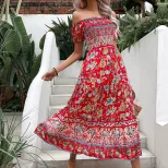Vintage Bohemian Off Shoulder Printed Dress Summer Vacation Style Lightweight Fabric Comfortable