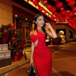Asymmetrical Evening Dress Fashionable Slant Shoulder Hollow Back Bodycon Fit Ideal for Red Carp