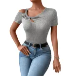 Womens Fashionable Short Sleeve T Shirt Asymmetrical Design Off Shoulder Neckline Lightweight Fa