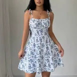 Floral Print Short Dress Summer Style Square Neck Sleeveless Lightweight Fabric Perfect for Casu