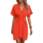 V Neck Pleated Waist Dress Solid Color Casual Style Suitable for Work or Leisure OEM Available