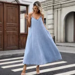 V Neck Denim Maxi Dress Fashionable Sleeveless Casual Style Perfect for Summer Vacations Wholesa
