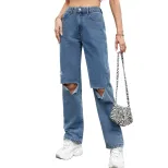 Casual Ripped Straight Leg Jeans for Women Versatile Design Comfortable Fit Trendy Style Wholesa