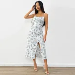 Floral Print A Line Midi Dress Fresh Style High Waist Sleeveless Summer Casual Wear Wholesale Av