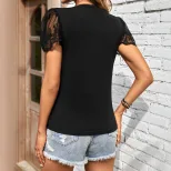 Lace Short Sleeve Top Solid Color Round Neck Womens Fashion Casual Wear Summer Style Ready to Sh