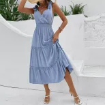 Summer Casual Dress Solid Color Ruffled Hem High Waist Sleeveless Beach Vacation Wear Wholesale