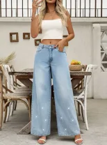 Womens Low Rise Straight Leg Rhinestone Embellished Wide Leg Jeans Casual Chic Style Wholesale A