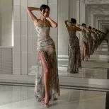 Summer Womens Fashion Dress Sexy Low Cut A Line Maxi Dress Slim Fit Spaghetti Straps Elegant Eve