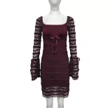 Lace Long Sleeve Dress Elegant French Style Square Neck Flared Sleeves Bodycon Fit Perfect for A