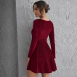Womens Velvet Long Sleeve Dress Waist Defining Flared Hem Elegant Style Perfect for Parties and