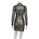 Womens Bodycon Dress Sheer Long Sleeves Gold Foil Detailing Slim Fit Elegant Evening Wear Wholes