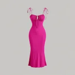 Bodycon Mermaid Maxi Dress Adjustable Drawstring Spaghetti Straps Elegant Fit Perfect for Vacati