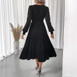 Elegant V Neck Lace Long Sleeve Dress Waist Defining Solid Color Perfect for Formal Events Whole