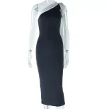Elegant Womens Color Block Bodycon Dress Sleeveless Asymmetrical Shoulder Flowing Ribbons Perfec