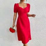 Red A Line Dress with Square Neck Ruffled Bust and Puff Sleeves Trendy for Parties and Events Wh