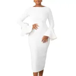 Fashionable Solid Color Bodycon Dress with Flared Sleeves Womens Winter Collection Office Wear W