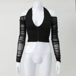 Sexy Deep V Neck Halter Top Sheer Mesh Panel Off Shoulder Long Sleeve Slim Fit Night Out Party W