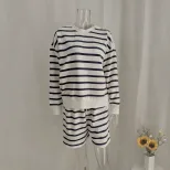 Womens Color Block Striped Sweatshirt Set Loose Fit Round Neck Long Sleeve Shoulder Cutout Short