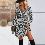 Color Block Leopard Print Dress Elegant Design Long Sleeve Fall Winter Fashion Wholesale Availab
