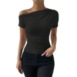 Womens Slim Fit Short Sleeve T Shirt Asymmetrical Neckline Solid Color Summer Style Wholesale Av